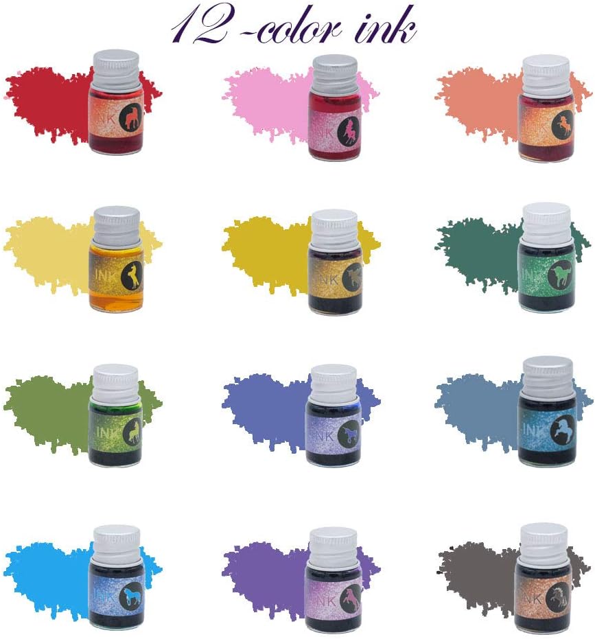 mancola Glass Dipped Pen Ink Set Handmade Crystal Calligraphy Pen with 12 Colorful india ink for Art, Signatures, Drawing, Decoration, Calligraphy Kits for Beginners Ma-13