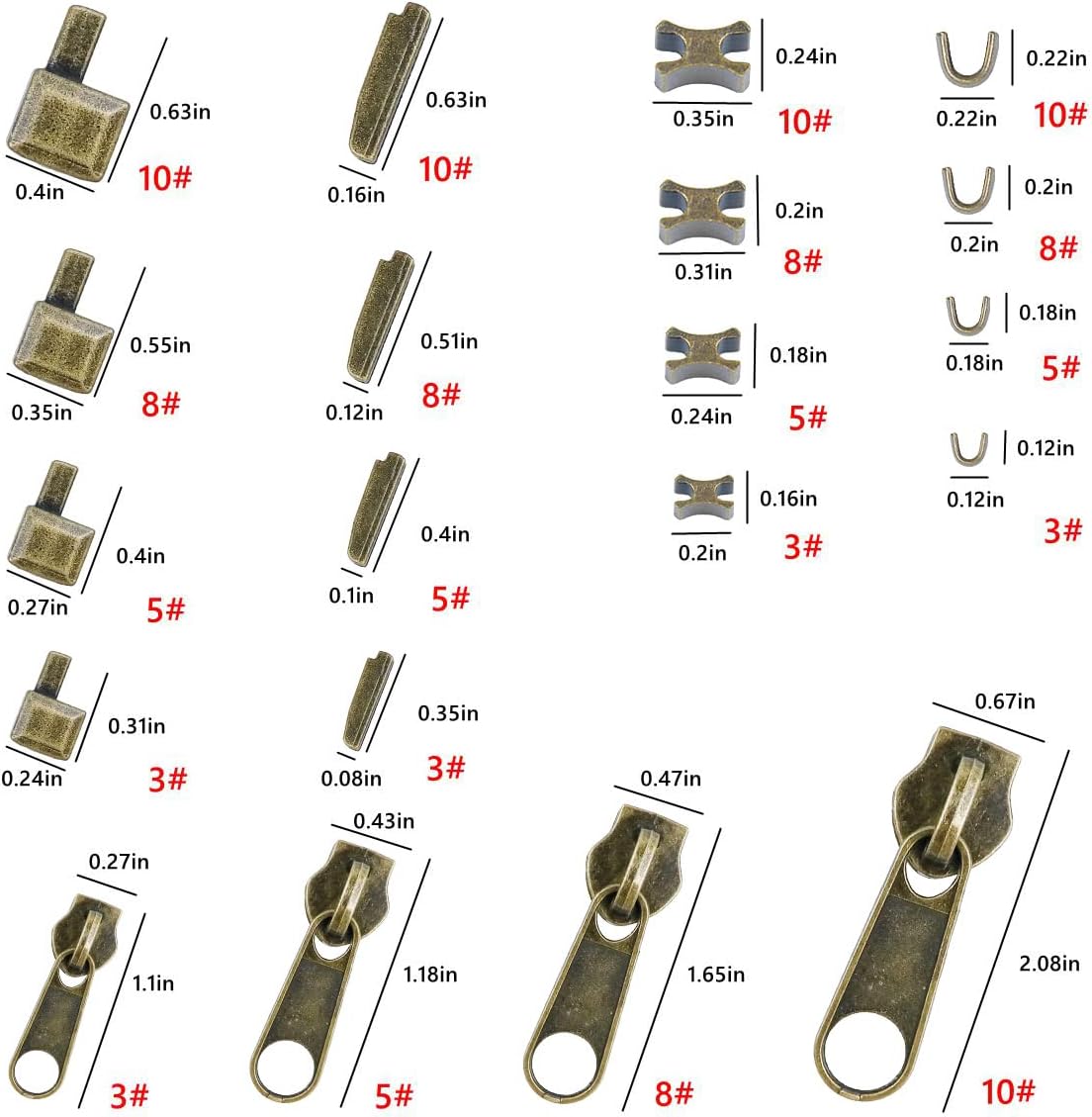 48-Piece Metal Zipper Repair Accessories Set - DIY Sewing Kit with Slider, Retainer, Box Insert, Pin, Top & Bottom Stoppers (Bronze)