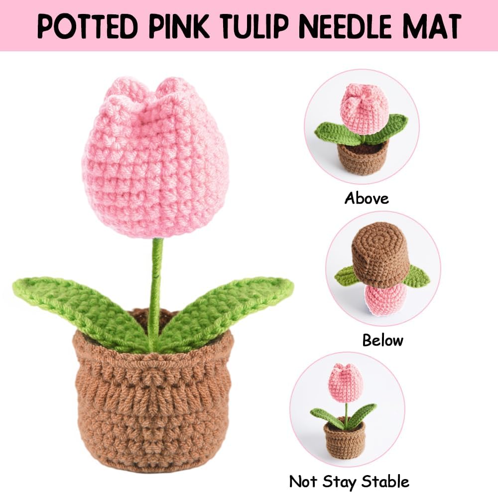 Tulip Pin Cushion, Handmade Knitted Pincushions, Cute Pin Cushions Needle Holders for Sewing Quilting Accessory, DIY Crafts or Patchwork Decor.Flowerpot Design Pink Tulip