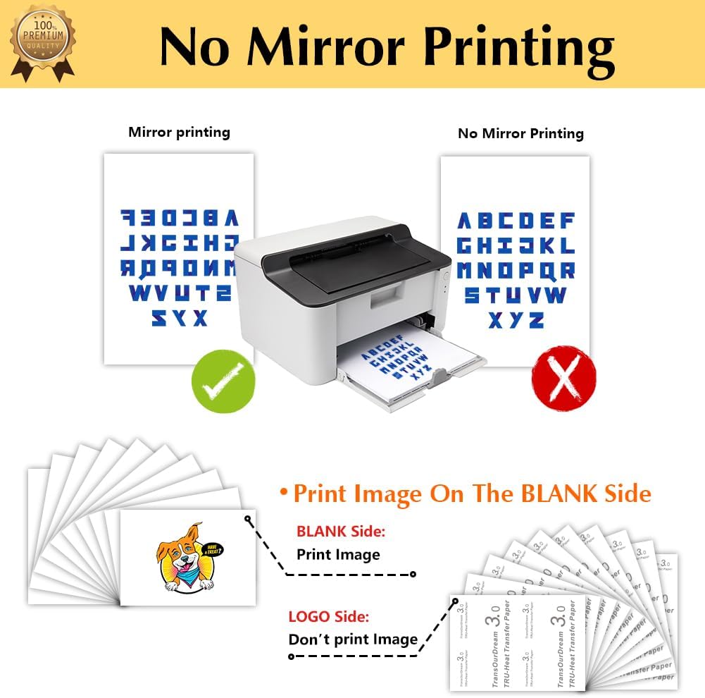 TransOurDream Heat Transfer Paper for Dark Fabric (40 Sheets, 8.5x11", Dark 3.0) Printable Iron on Transfers for Laserjet & Inkjet Printer, Printable Heat Transfer Vinyl for Tshirts (D3-40)