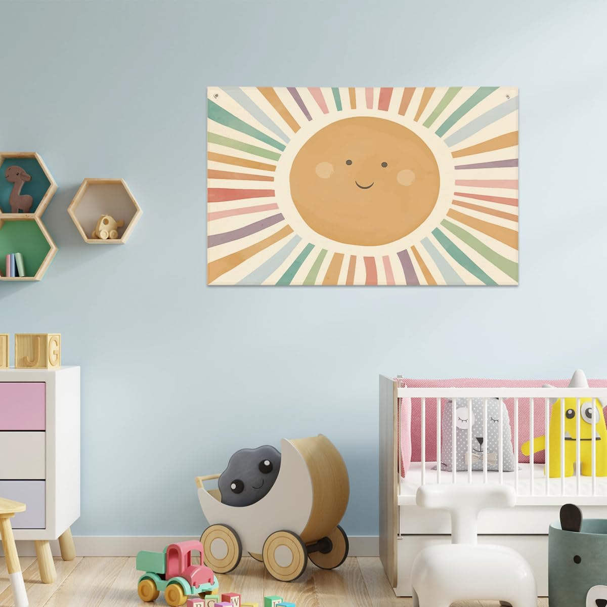 Watercolor Sun Banner Playroom Decor Banner Canvas 21 in x 33 in Hanging Flag Perfect for Kids Nursery and Playroom Wall Decor Stylish Room Decor for Boys and Girls