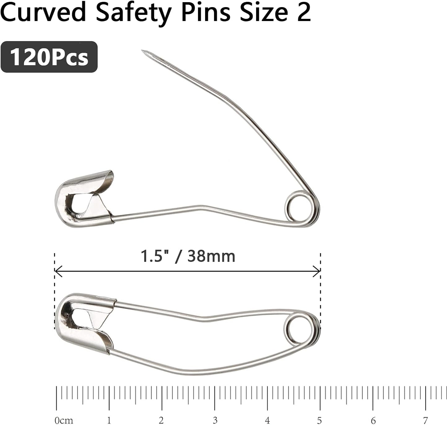 120Pcs Curved Safety Pins Size 2, 1.5" / 38mm Quilting Basting Pins, Bent Safety Pins for Quilting and Knitting (Sliver)