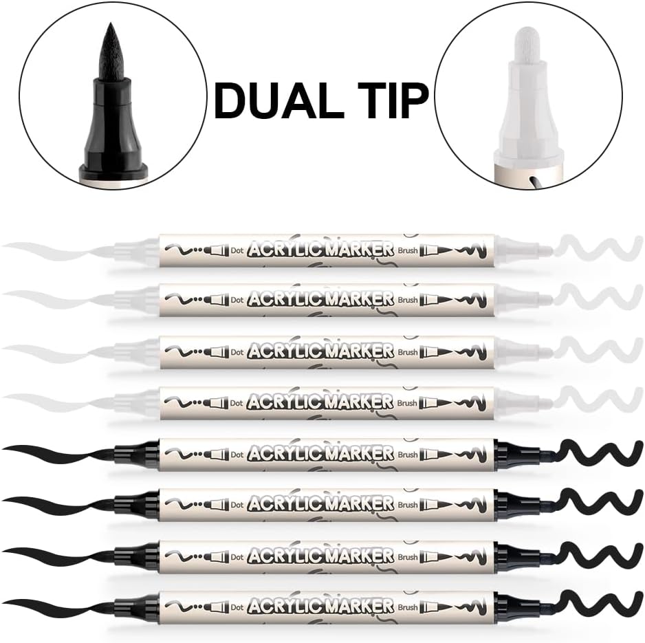 TRANSON 4 Black and 4 White Paint Markers Brush and Bold Dual-tip Acrylic Paint Marker Set for Rock Painting Glass Canvas Wood Leather Ceramic Painting