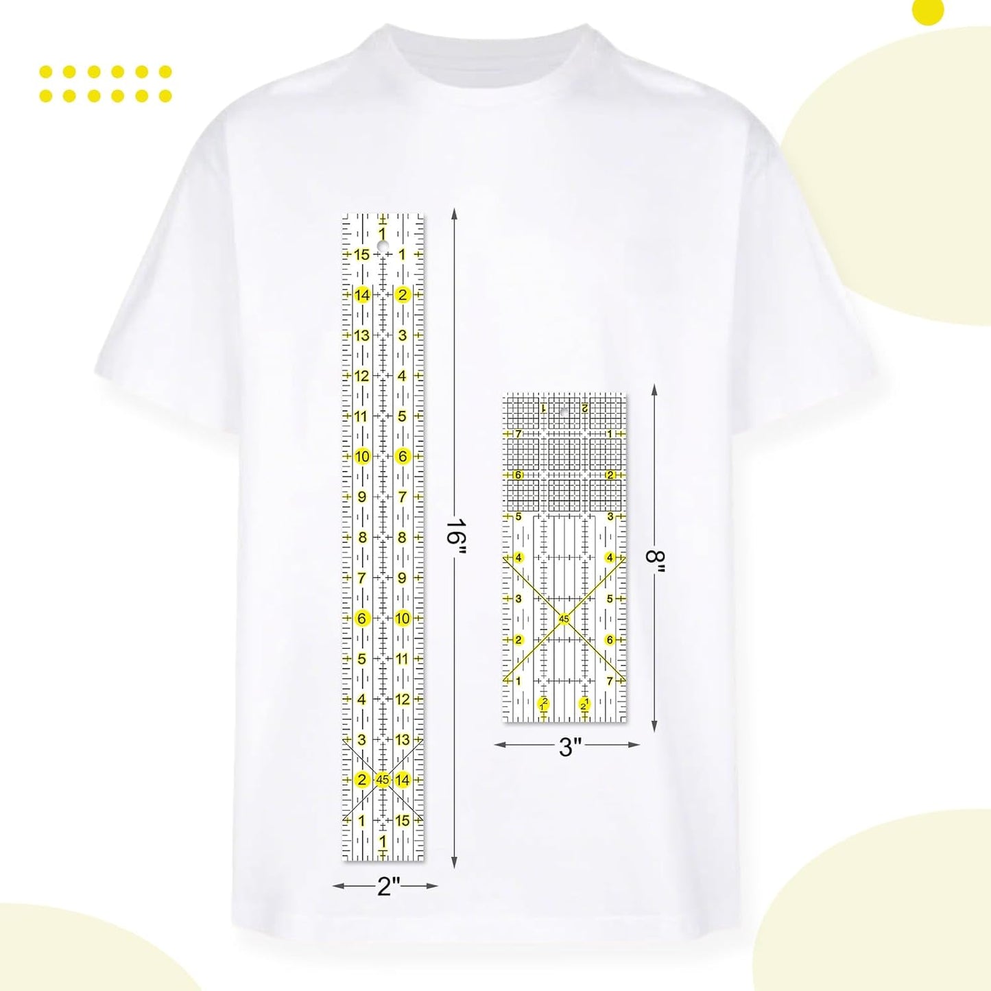 Quilting Ruler, 8 Piece Acrylic Quilting Templates, Sewing Ruler, Fabric Cutting Ruler with Non-Slip Rings, Quilting and Sewing (6"x17", 3"x17", 2"x16", 1.5"x12", 1"x12", 1"x6", 8"x3") (Yellow)