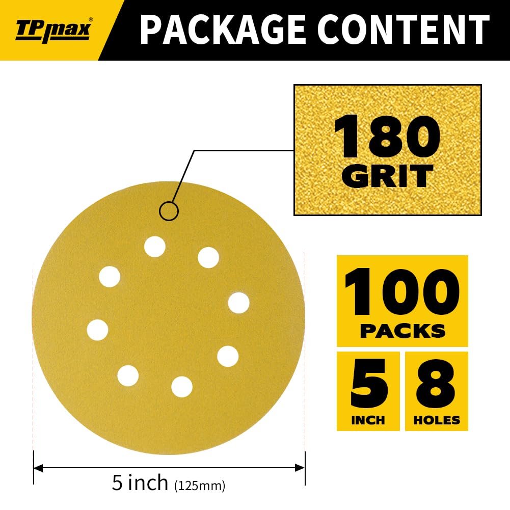 100PCS 5 Inch 180 Grit 125mm 8 Hole Sanding Discs Sandpaper - Premium Gold Round Hook and Loop for Random Orbital Sander - Ideal for Wood, Metal, Automotive