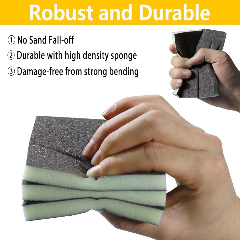 16PCS 240 Grits Sanding Sponge Fine Coarse Sanding Block, Washable and Reusable Wet Dry Sandpaper Sponge， Sander Sponges for Wood Drywall Metal Wood