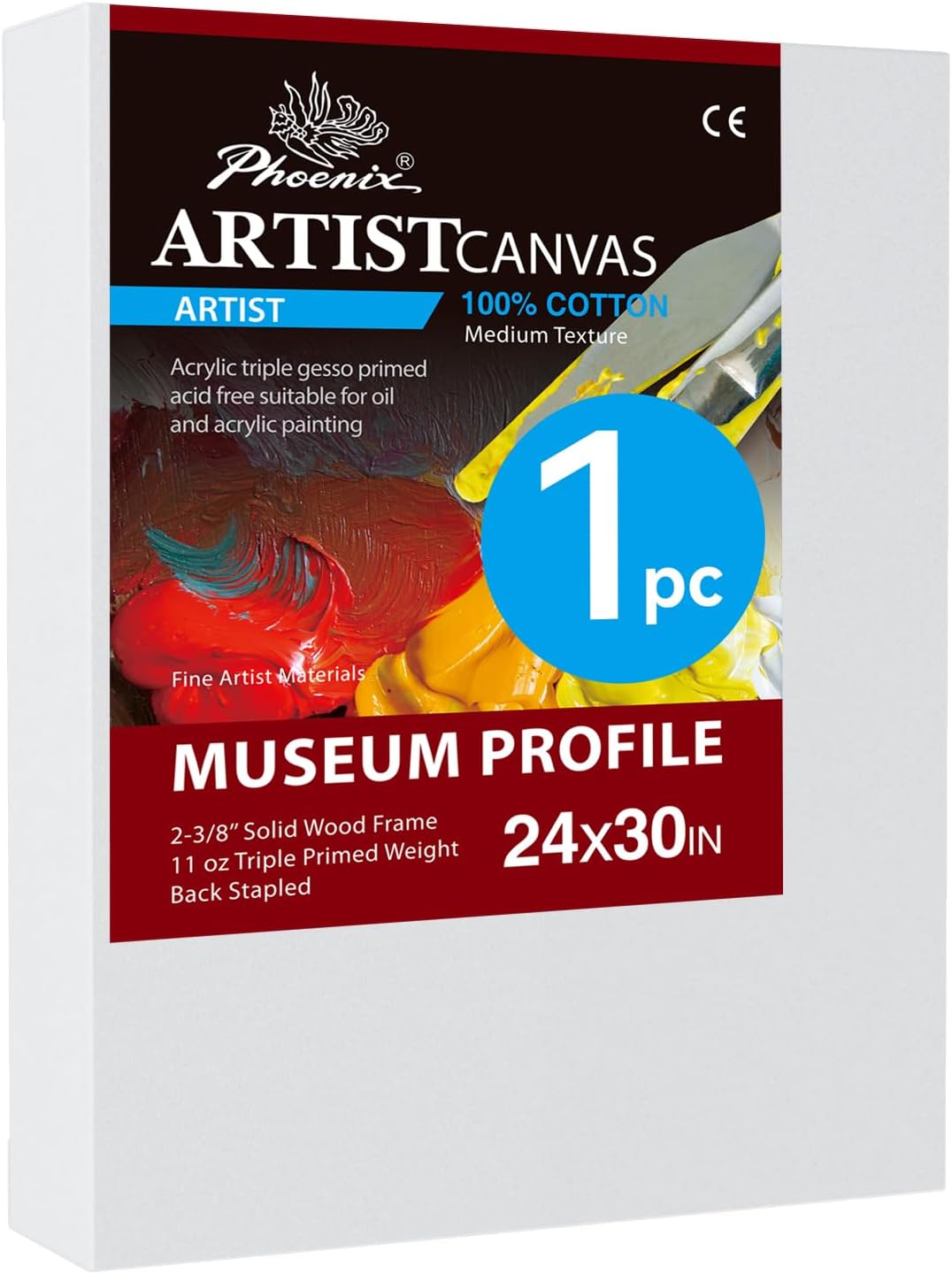 PHOENIX 24x30 Inch Museum Canvas - 2 3/8 Inch Thick Porfile Deep Large Stretched Canvas for Painting 1 Pack 100% Cotton 11 Oz. Gesso Primed White Blank Professional Canvas Oil & Acrylic Paints