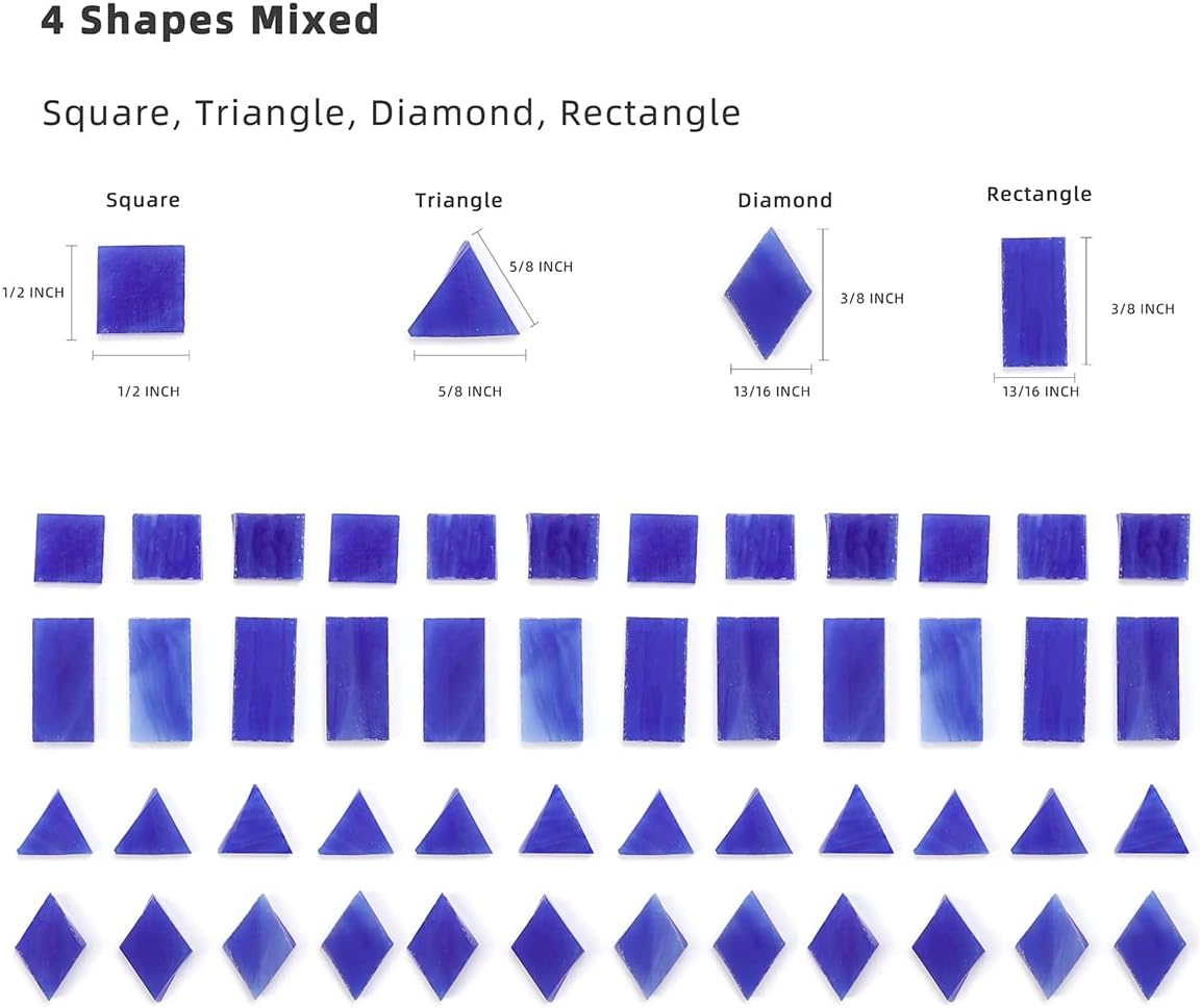 Lanyani Glass Mosaic Tiles for Art Crafts,4 Shapes Mixed Tiffany Stained Glass Pieces,200 Pieces,Square/Rectangle/Diamond/Triangle,Royal Blue