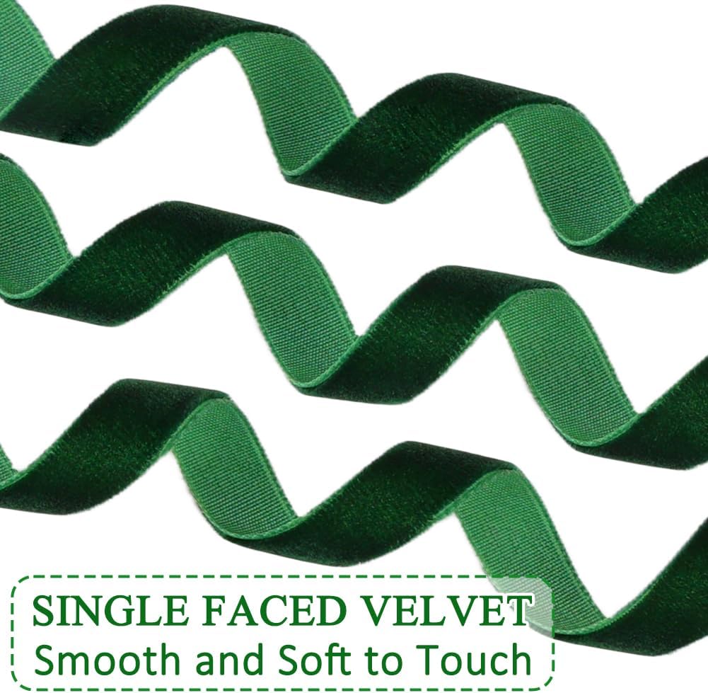 Dark Green Velvet Ribbon, 0.39 Inch x 20 Yards Single Faced Green Ribbon for Gift Wrapping, Bow Making, Christmas Tree Decorations, Wreath Making and DIY Crafts (10 Yards Each Roll)