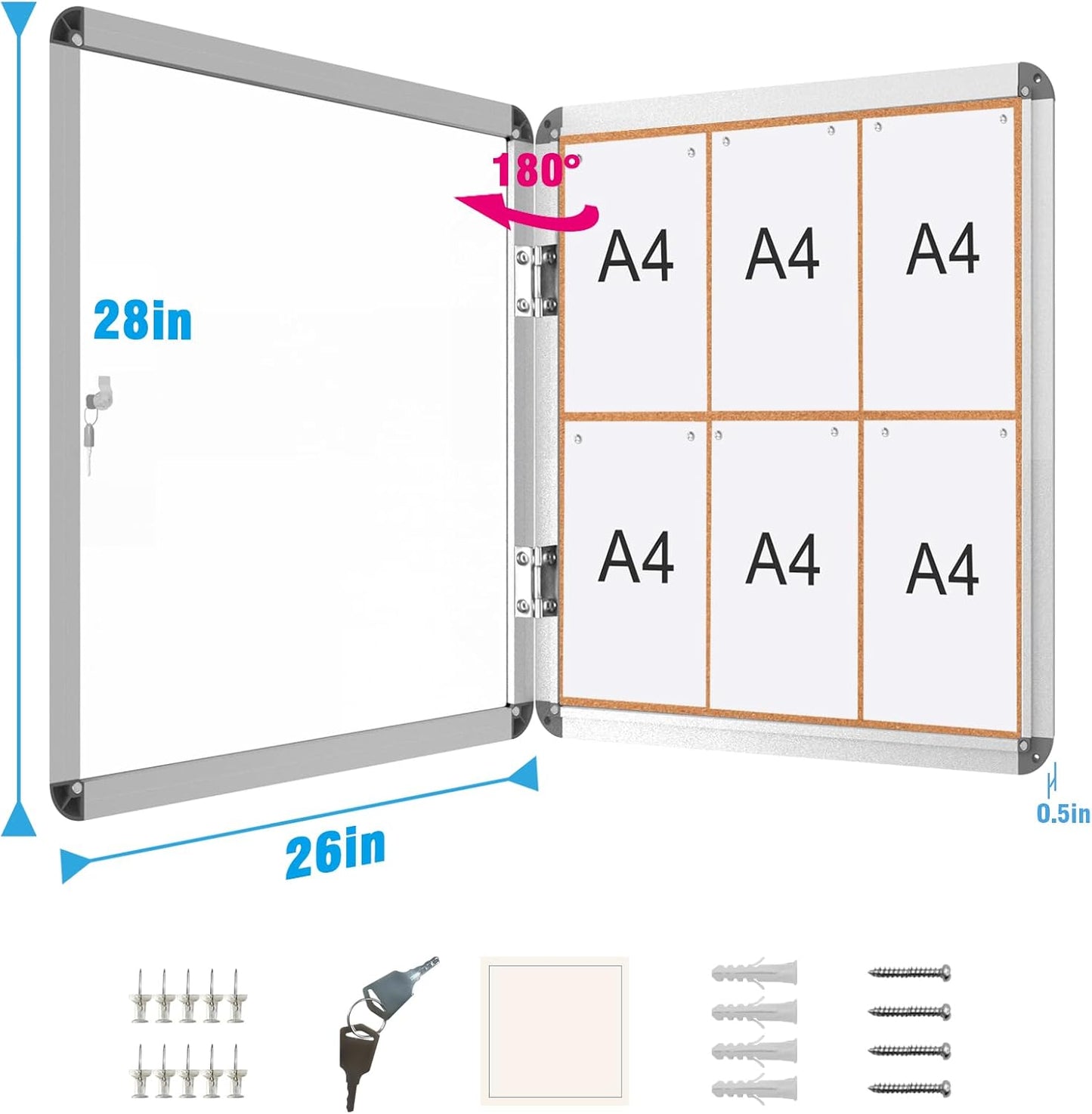 2 Pack 28"x26" Enclosed Bulletin Board, Lockable Weather-Resistant Aluminum Cork Noticeboard for School & Office, Silver Frame w/Cork