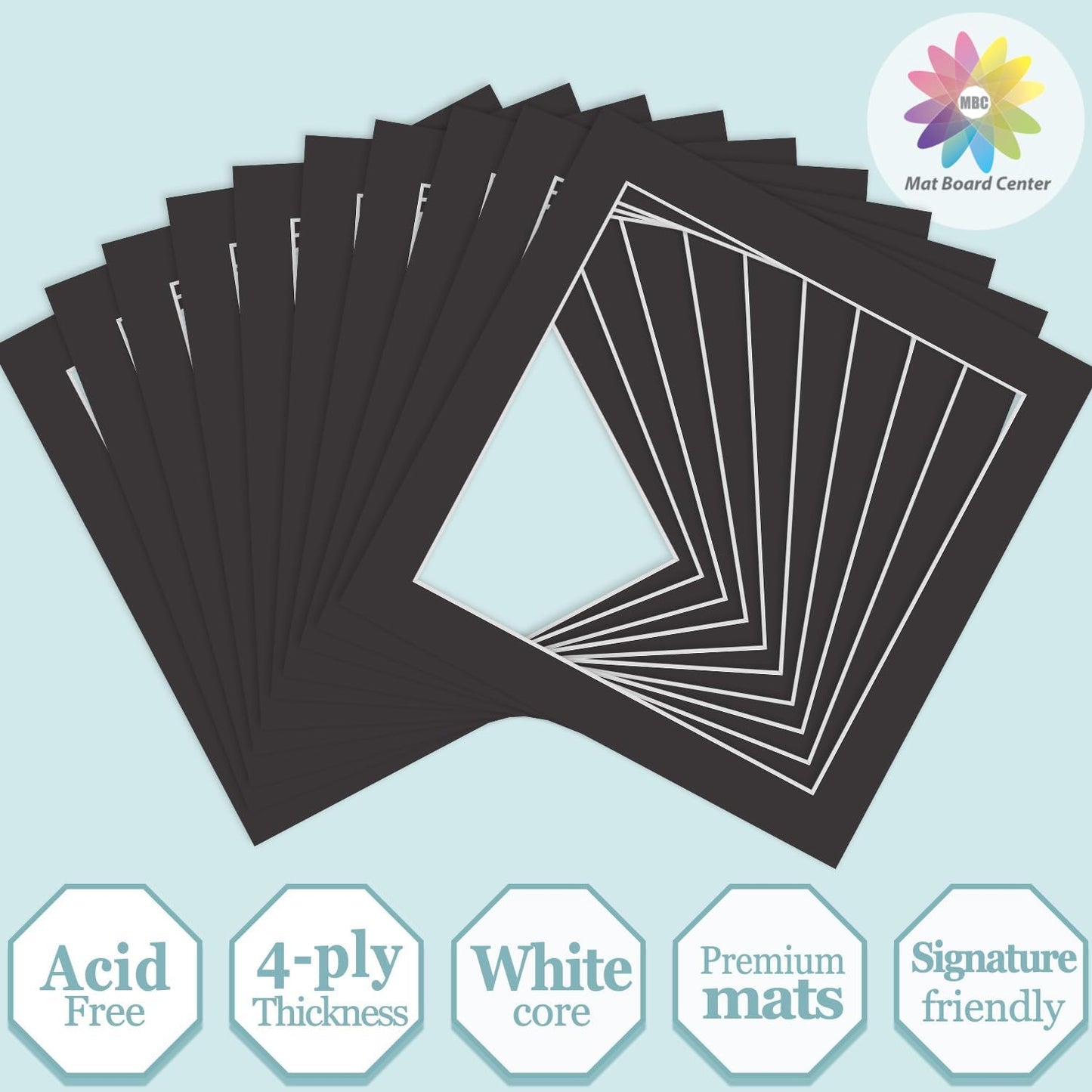MBC Mat Board Center, 10 Pack 12x12 for 10x10 Black Picture Mats Frame Mattes, Bevel Cut, Acid Free, 4-ply Thickness
