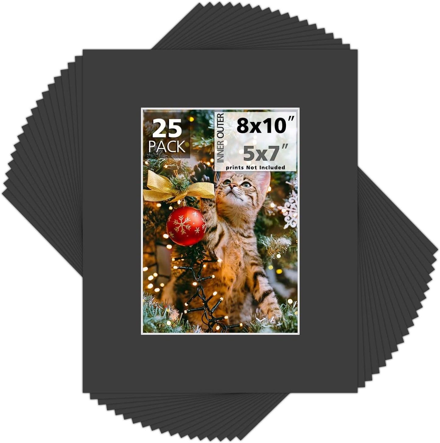Mat Board Center, Pack of 25, 8x10 for 5x7 Black Mats - Acid Free, 4-ply Thickness, White Core - for Pictures, Photos, Framing