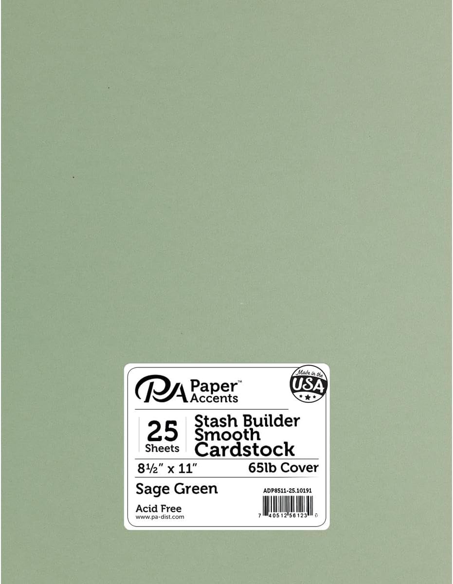 PA Paper Accents Stash Builder Cardstock Pack 8.5" x 11" Sage Green, 65lb colored cardstock paper for card making, scrapbooking, printing, quilling and crafts, 25 pieces