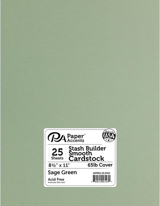 PA Paper Accents Stash Builder Cardstock Pack 8.5" x 11" Sage Green, 65lb colored cardstock paper for card making, scrapbooking, printing, quilling and crafts, 25 pieces
