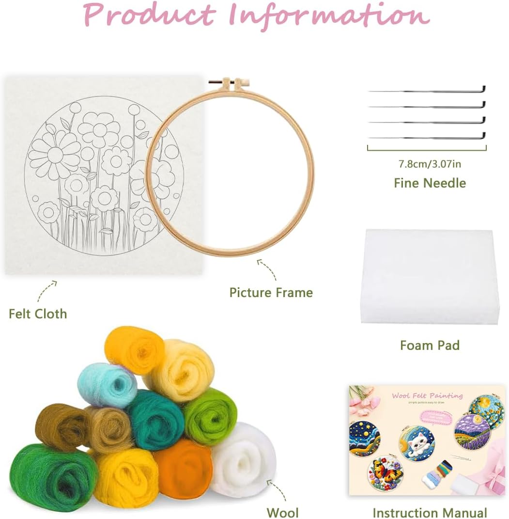 yesJRL Needle Felting Kits Beginners, Natural Landscape DIY Wool Needle Felting Starter Kit, Floral Needle Felt Set with Foam Pad, Felt Cloth and Instructions, Used for Home Decoration (Green)