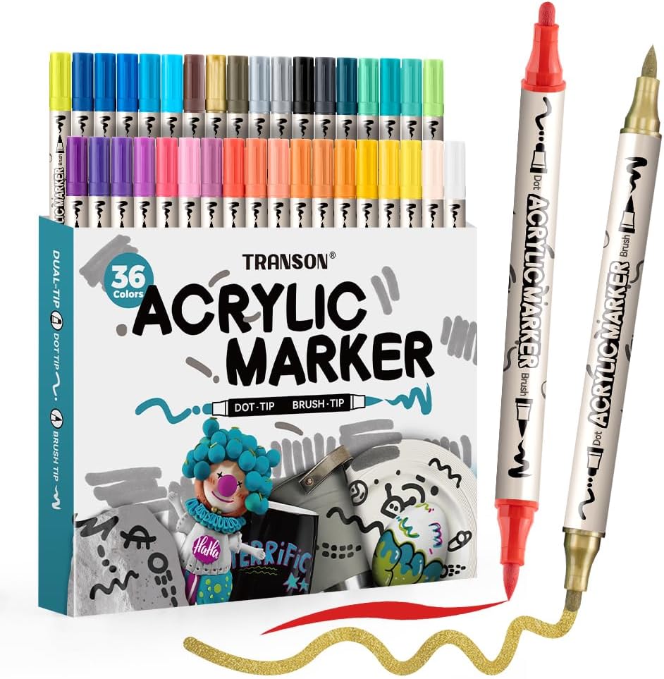 TRANSON 36 Colors Bold and Brush Dual-tip Acrylic Paint Marker Pen Set for Canvas Rock Wood Leather Ceramic DIY Painting