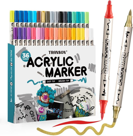 TRANSON 36 Colors Bold and Brush Dual-tip Acrylic Paint Marker Pen Set for Canvas Rock Wood Leather Ceramic DIY Painting