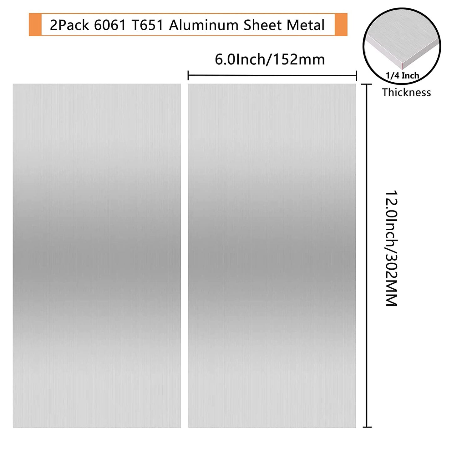 2Pack 6061 T651 Aluminum Sheet Metal 6 x 12 x 1/4 (6MM) Inch Flat Plain Aluminum Plate Covered with Protective Film, Heat Treatable Rectangle Aluminum Metal Plate for Crafting, Industrial