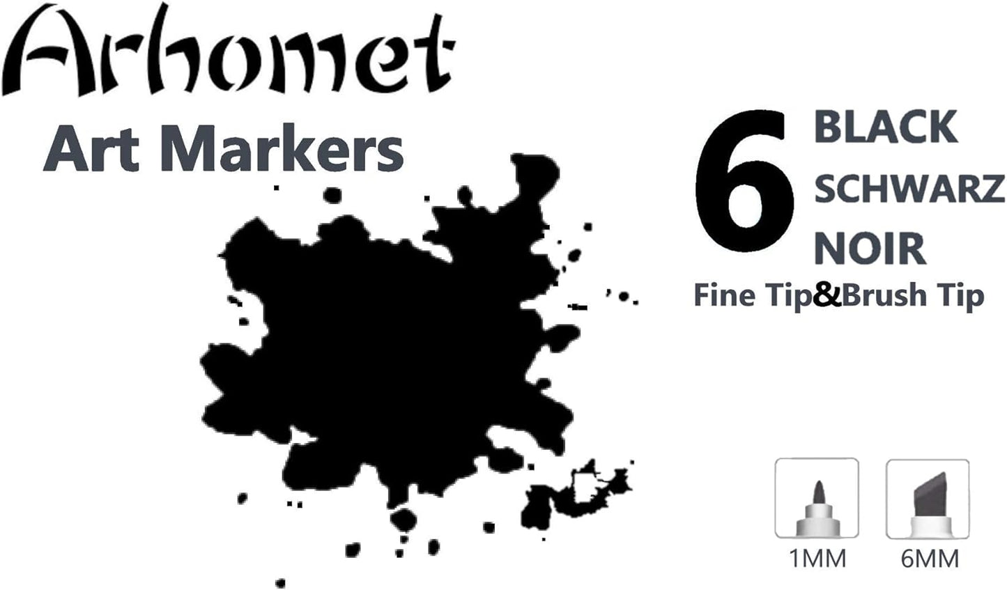 6pcs Black Alcohol Markers Set, Dual Tips Art Markers Drawing Sketched Double Tipped for Beginner Adults Kids(Black)