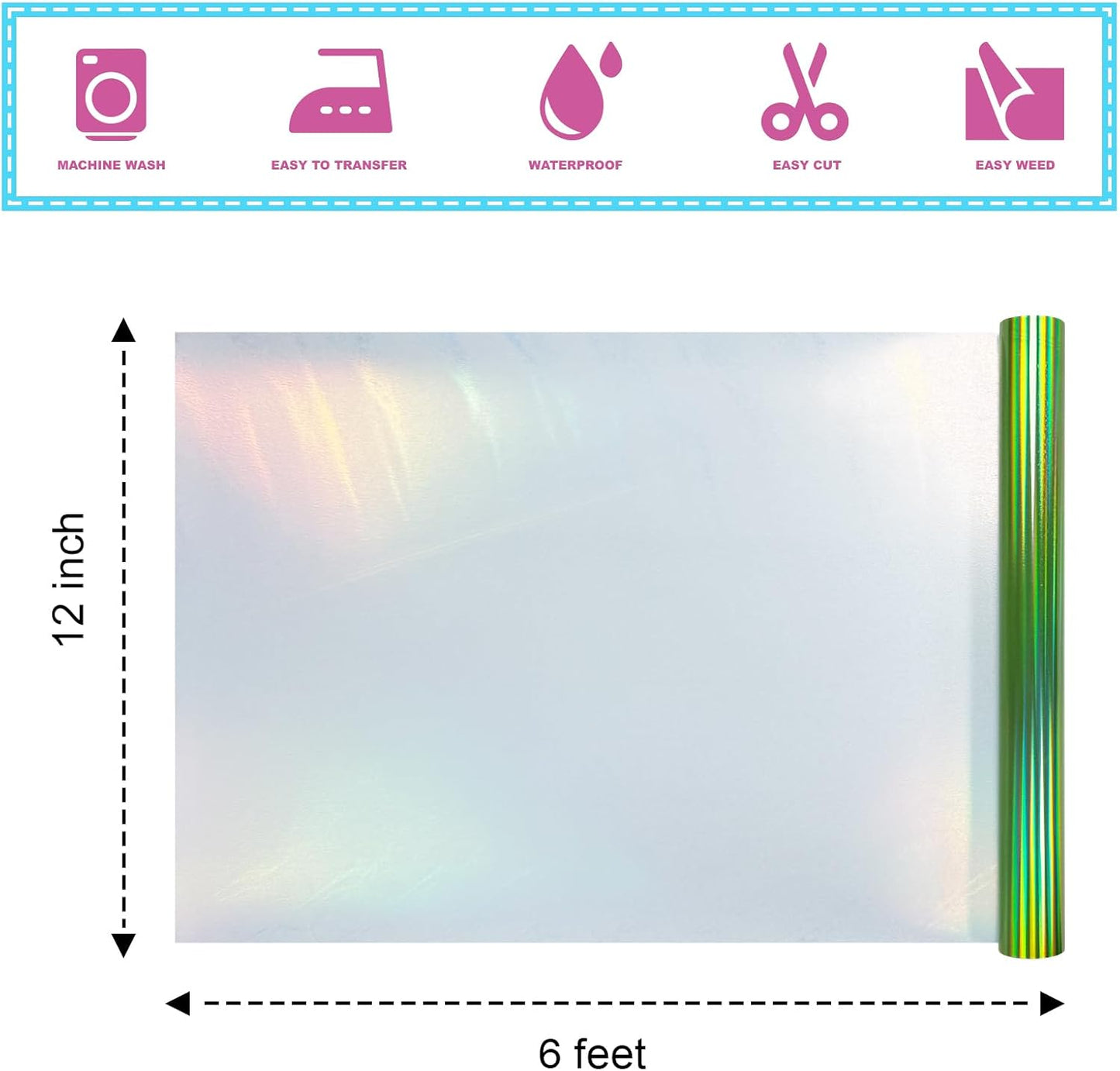 ROFISUESheet MetallicFoil HeatTransferVinyl12Inch*6Ft BundleChrome HTV VibrantColors for Stunning T-Shirt DesignsPerfect forDIY (olographic Green, 12Inch*6Ft)