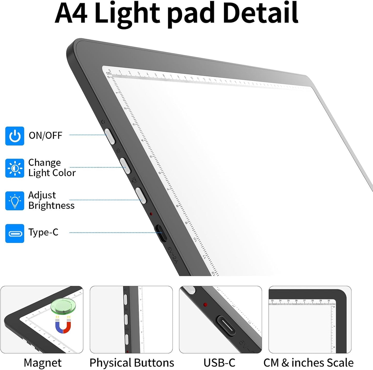 TOHETO A4 Light Board for Diamond Painting, Super Bright Magnetic Light Pad with Side Buttons, Lightbox for Tracing and Drawing, Corded Light Table for Sketching, Animation, Weeding Vinyl (Black)