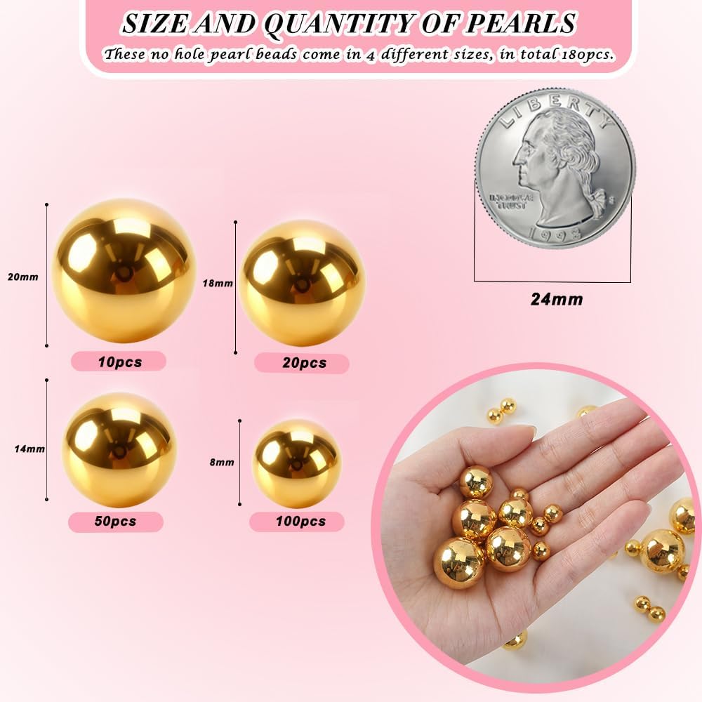 Pearl Beads No Hole Pearls for Crafting 180 Pcs Fake Pearls Bulk Faux Pearls for DIY Crafts Jewelry Making Vase Filler Floating Candle Wedding Birthday Party Home Decorations (Gold, 8/10/14/20mm)
