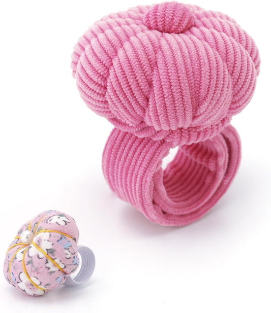 Wrist Pin Cushions, Sewing Needle Cushion kit with 1Pcs Elastic Strap Finger Ring Pincushions, Adjustable Strap Handcraft Needles Holder for Sewing and Quilting.(Deep Pink)