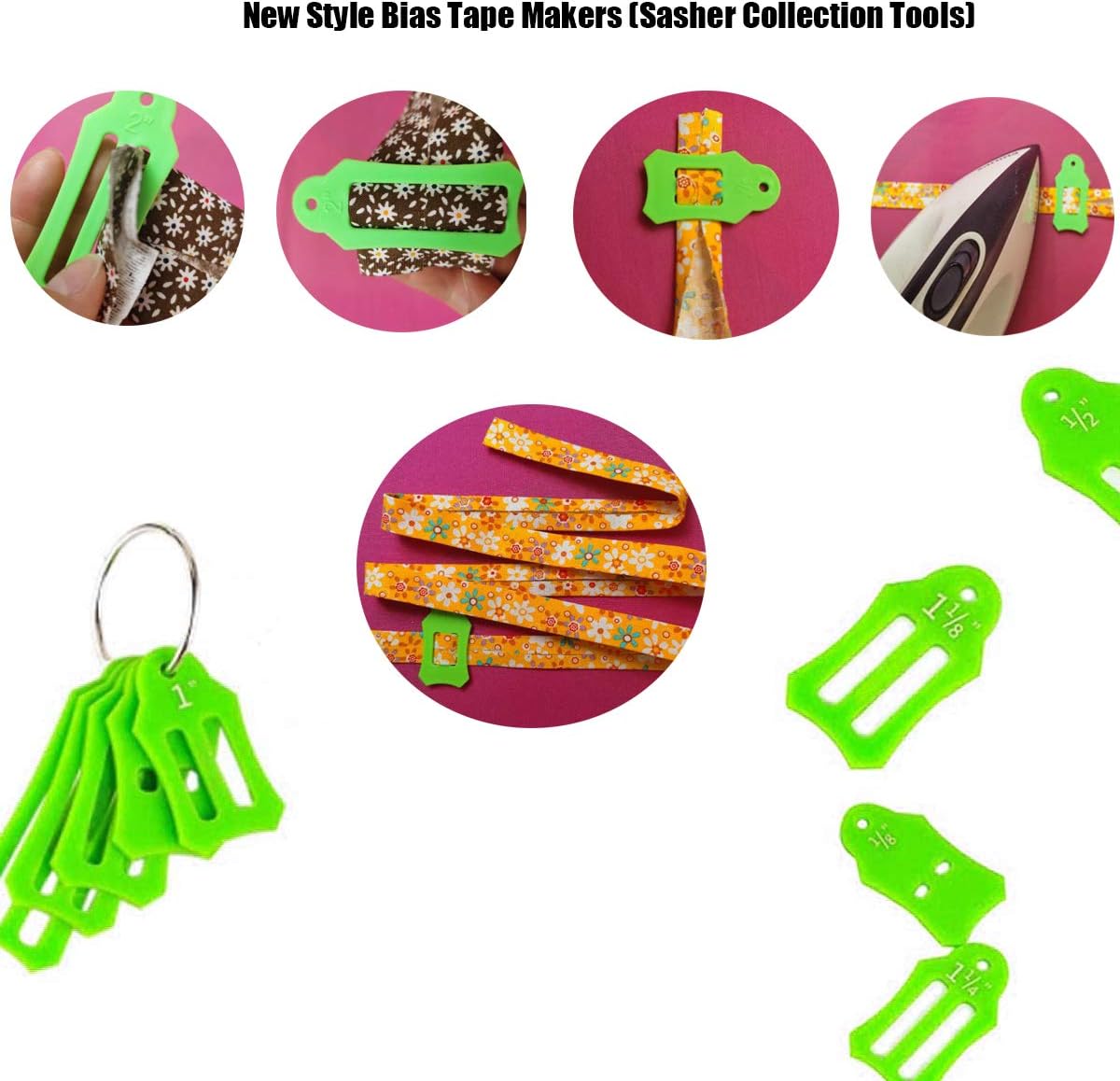YICBOR Bias Tape Maker Kits All 5 Sizes 6MM 9MM 12MM 18MM 25MM Binding Foot Craft Clips Awl Quilter's Pin Comes with 10pcs Multi-Sizes Folding Fabric and Biasing Strips Roll Tool Set (Green)