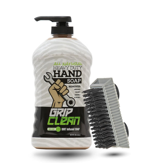 Grip Clean Heavy-Duty Hand Cleaner for Mechanics with Nail Brush - Moisturizing Coconut Oil Hand Cleaner Liquid Hand Soap with Stiff Bristle Nail Brush, Lime Scent - 32 Fl Oz Pump Top + Brush