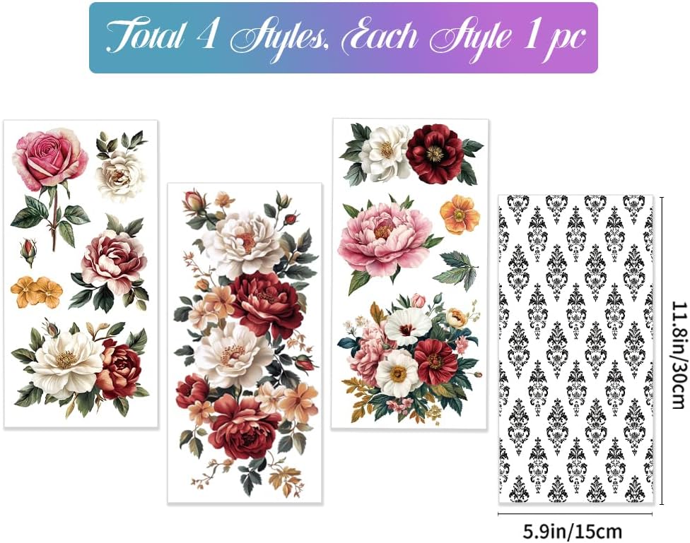 GLOBLELAND 4 Sheets Vintage Peony Flowers Transfer 11.8x5.9inch Flower Background Rub on Transfer Rose Self-Adhesive Wall Art Decals for Bedroom Living Room Desk Table Decoration