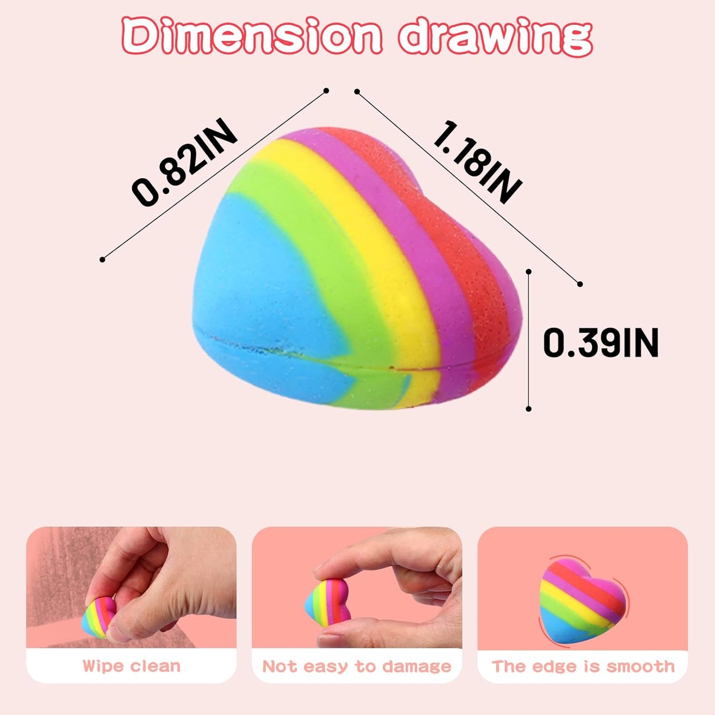 AmoreAngel Crafts 16 Pcs Heart Shaped Erasers，Pencil Erasers，Easy to Hold Rainbow Colorful Eraser，Pink Erasers,Back to School Supplies，Office Use