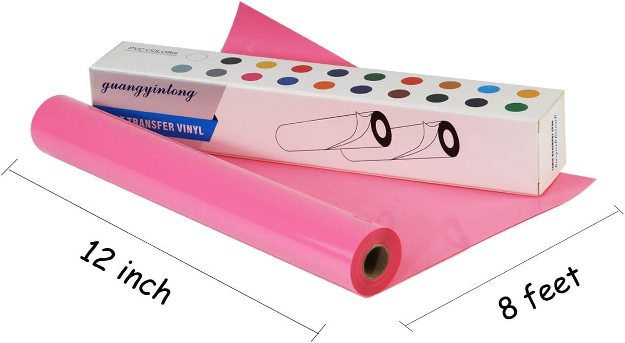 guangyintong Pink Heat Transfer Vinyl HTV Rolls, 12" x 8ft Pink Iron on Vinyl for T-Shirts Glossy Surface Pink HTV Vinyl for All Cutter Machines Easy to Cut & Weed for Heat Vinyl Design