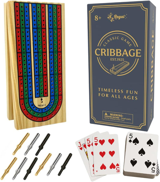 Regal Games Cribbage Board Game Set w/Storage - Fun Table Game with Wooden Board for Adults & Kids - 9 Metal Pegs, Deck of Playing Cards & 2-4 Player Games - Ideal for Game Night, Travel (Ages 8+)