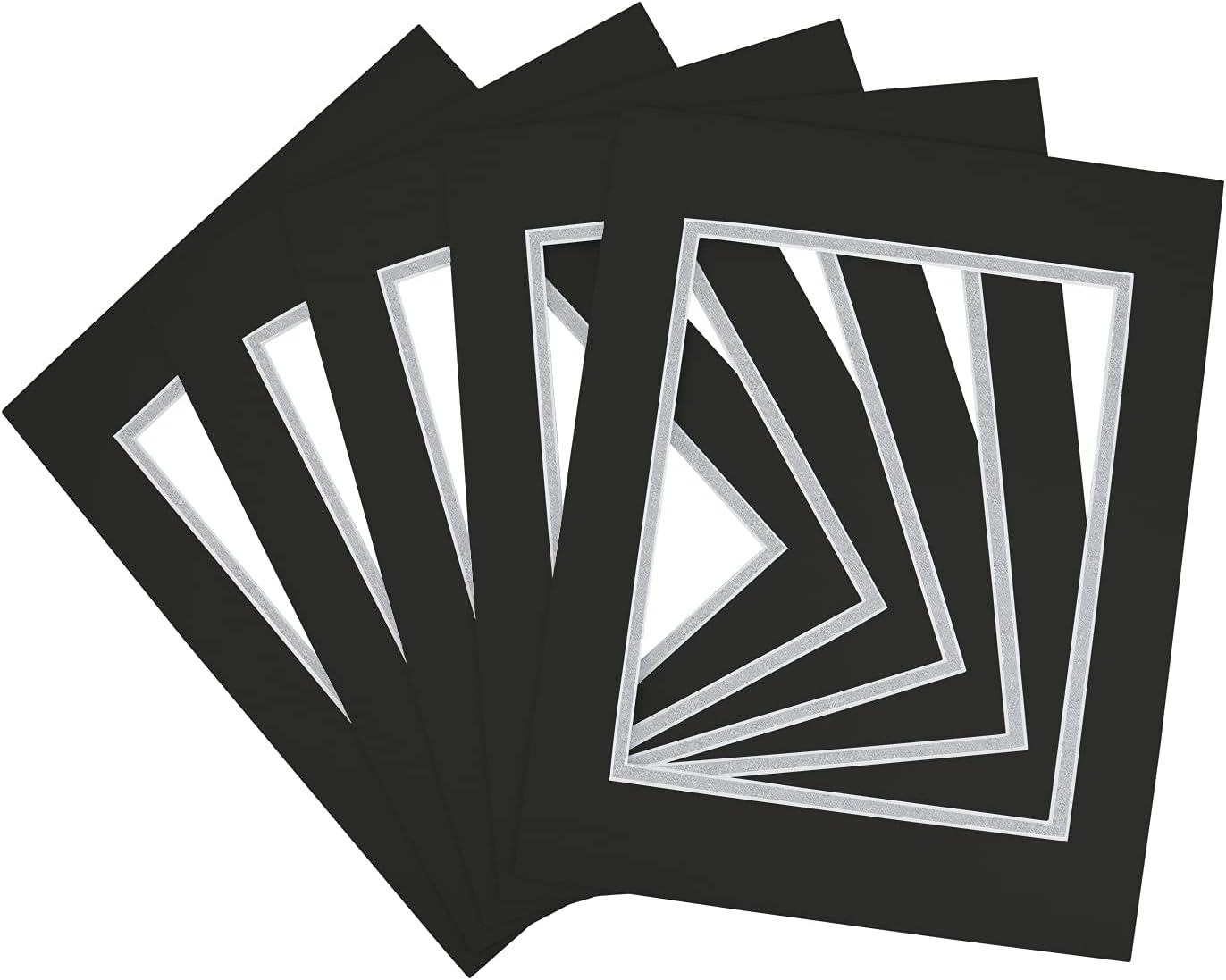 Golden State Art, 11x14 Double Mats for 8x10 - for Photos, Pictures, Frames - Acid-Free, 5 Pack, Black Over Silver