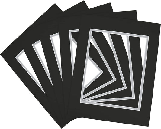 Golden State Art, 11x14 Double Mats for 8x10 - for Photos, Pictures, Frames - Acid-Free, 5 Pack, Black Over Silver