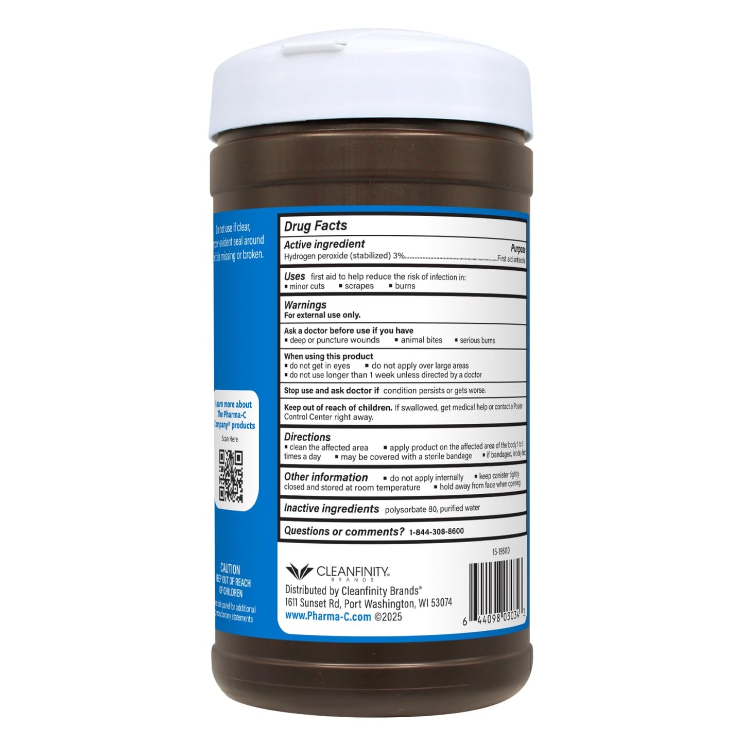 The Pharma-C Company - 3% Hydrogen Peroxide Wipes [6 pack - 40ct canisters] - First Aid. H202 Skin Safe Antiseptic Wound Cleaner.