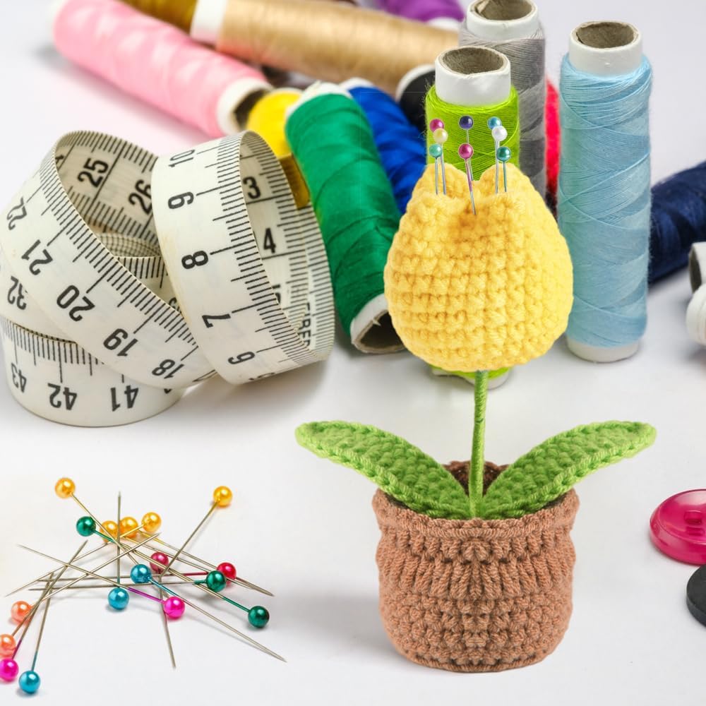 Tulip Pin Cushion, Handmade Knitted Pincushions, Cute Pin Cushions Needle Holders for Sewing Quilting Accessory, DIY Crafts or Patchwork Decor.Flowerpot Design Yellow Tulip