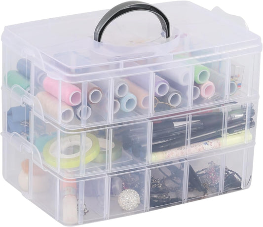 Zopnny 3-Tier Stackable Storage Container with Dividers, Clear Plastic Compartment Organizer Box for Art Crafts, Jewelry, Earrings, Sewing Supplies, Tool, 30 Grids