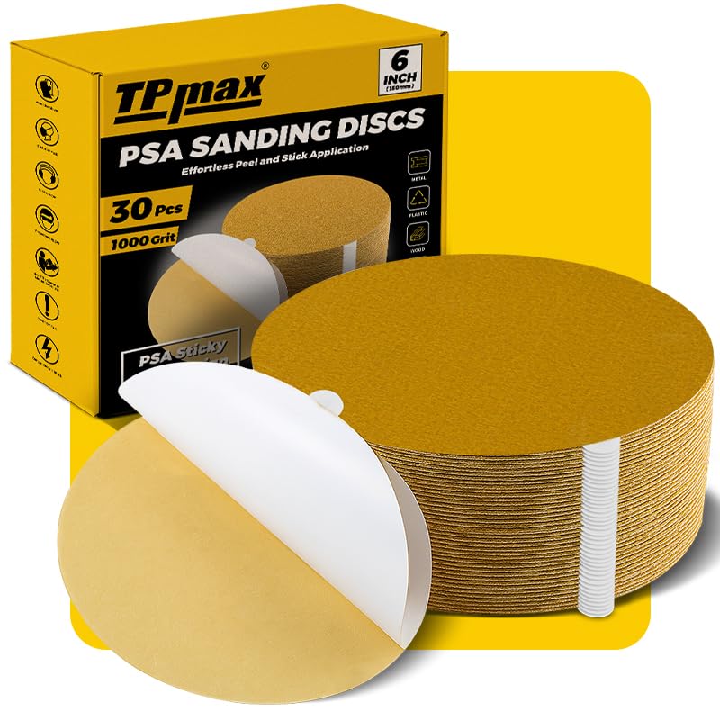 6-Inch 1000-Grit Gold PSA Sanding Discs, 30 Pack – Pro-Grade Self-Adhesive Stickyback Sandpaper with Quick-Release Tabs for DA Sander, Ultra-Smooth Automotive/Wood/Metal Sanding