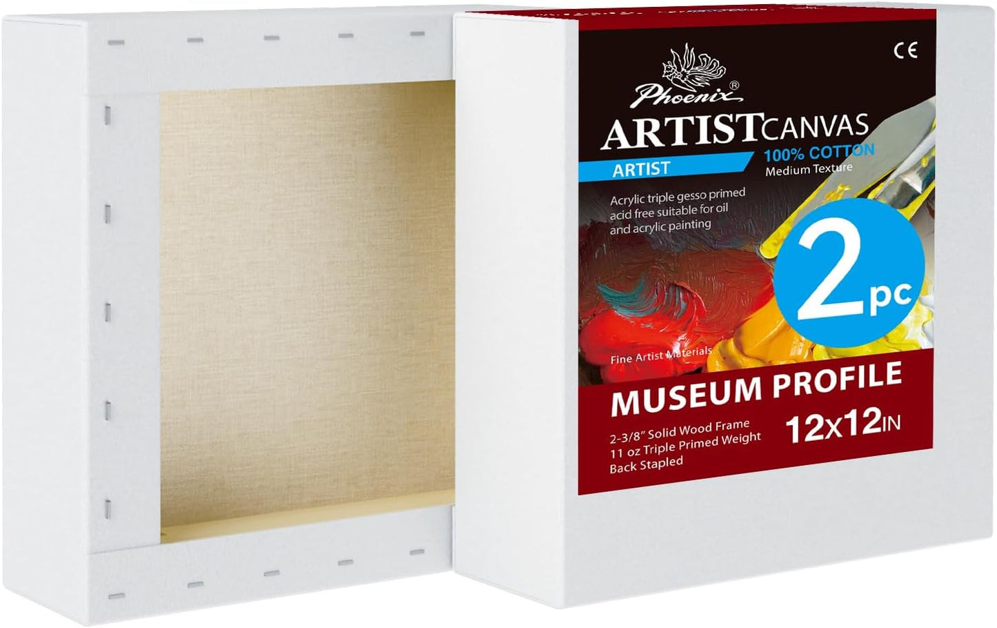 PHOENIX 12x12 Inch 2 Pack Museum Canvas - 2 3/8 Inch Thick Porfile Deep Stretched Canvas for Painting 100% Cotton 11 Oz. Gesso Primed White Blank Professional Canvas Oil & Acrylic Paints