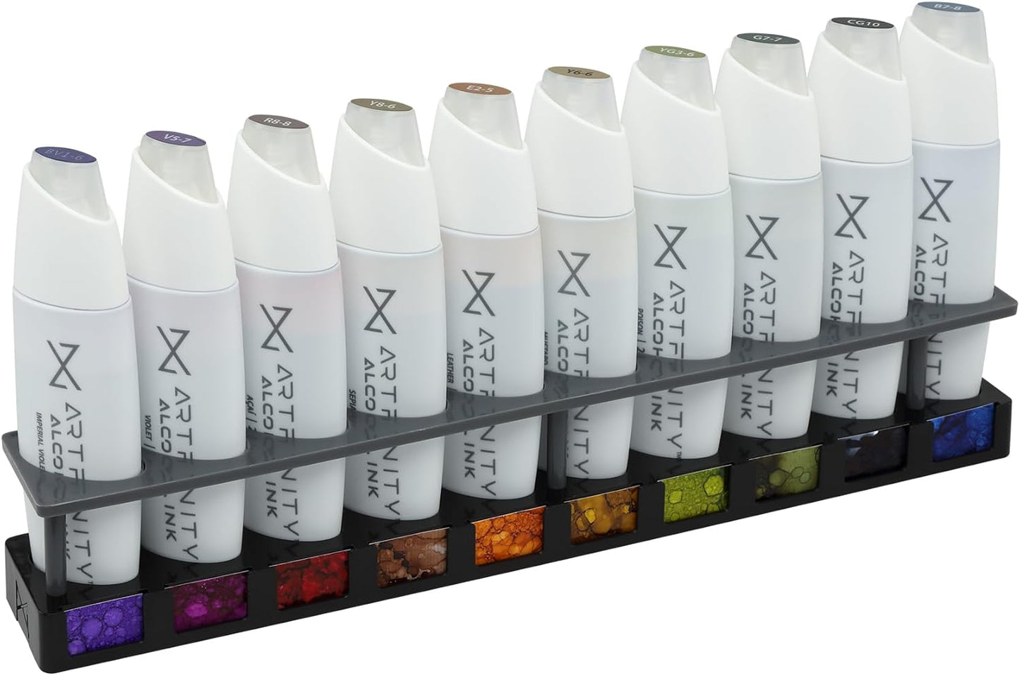 Artfinity Alcohol Ink Devastating Beauty Set of 10 Colors (25 ml) with Free Acrylic Stand - for Painting or Alcohol Marker Refill Ink, Acid-Free, Fast-Drying, Permanent, Transparent, Swatch Template
