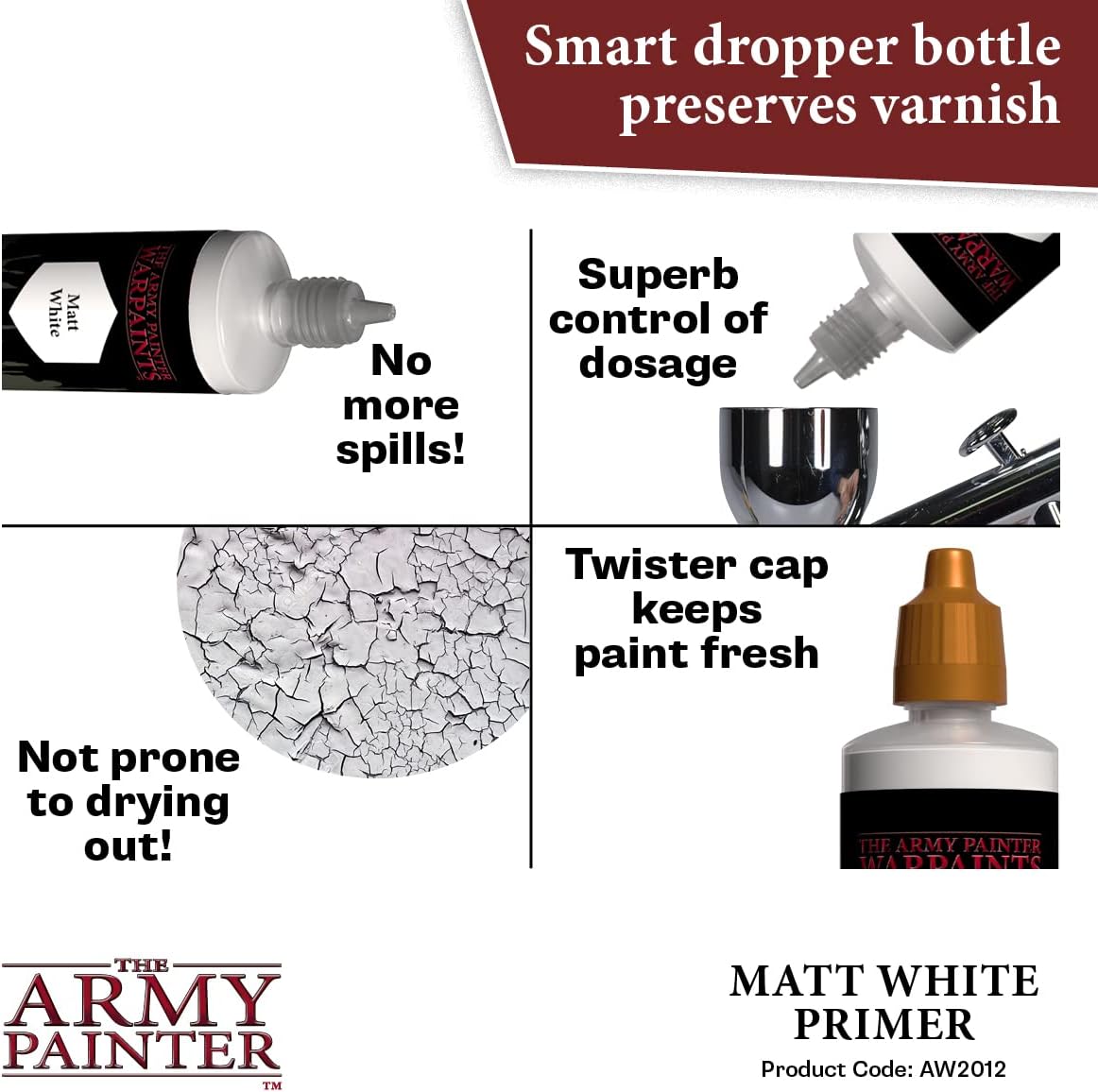 The Army Painter Airbrush Primer White, 100ml Dropper Bottle Acrylic Paint Primer, Acrylic Airbrush Paint Primer for Airbrushing and Painting Wargaming Miniatures, Perfect for Tabletop Boardgames