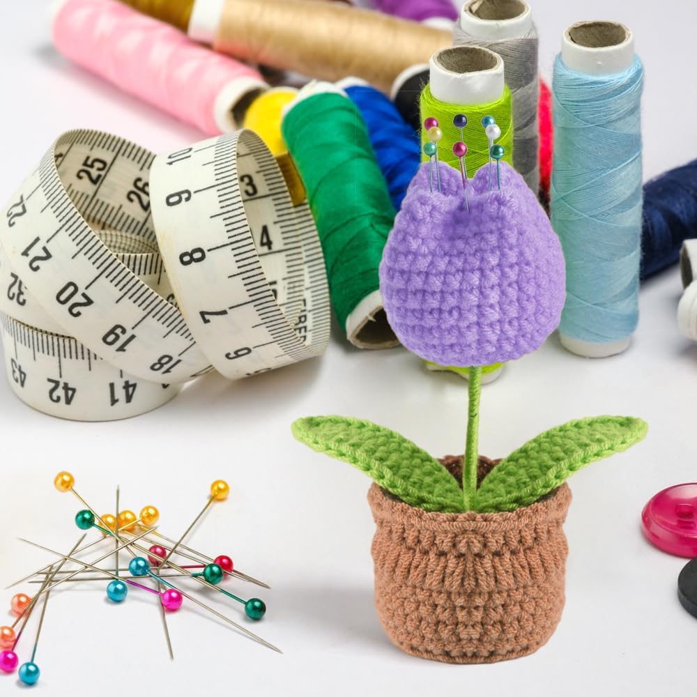 Tulip Pin Cushion, Handmade Knitted Pincushions, Cute Pin Cushions Needle Holders for Sewing Quilting Accessory, DIY Crafts or Patchwork Decor.Flowerpot Design Purple Tulip