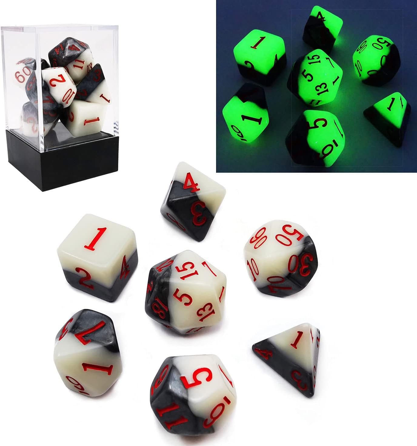 Bescon Two-Tone Glowing Polyhedral Dice 7pcs Set Green Dawn, Luminous RPG Dice Set d4 d6 d8 d10 d12 d20 d%, Brick Box Packaging