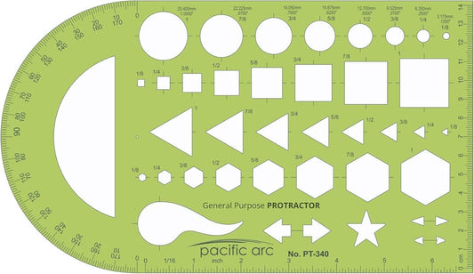 Pacific Arc - General Purpose Template with Protractor - Drawing Aid Stencil for Professional or School Work - Size 5.5" x 9.5"