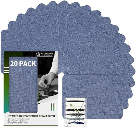 KING MOUNTAIN Iron-on Repair Patch 20 Pcs Pack,Denim Patches for Jeans Kit 3" by 4-1/4",100% Cotton Denim Iron-on Repair Patch,Jeans and Clothing Repair and Decoration Kit (Sky Blue)