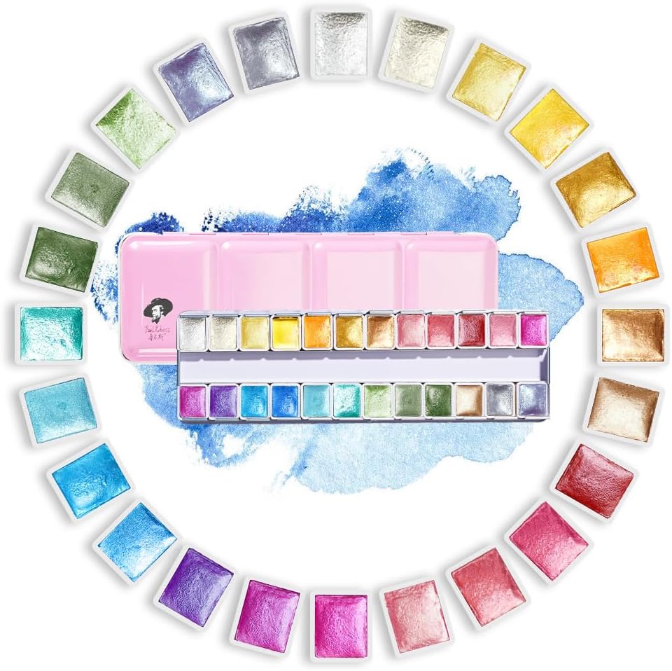Paul Rubens Artist Watercolor Paints-Metallic Glitter Solid Colors-Pink Portable Metal Case with Palette-24 Color Set Sparkle Watercolor