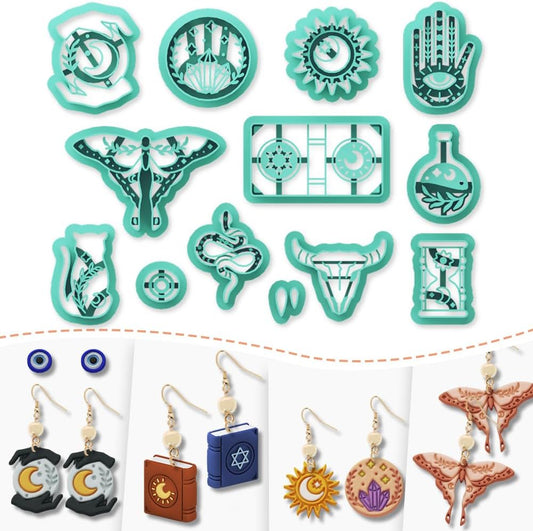 Mysterious Boho Clay Cutters - 13 Shapes Mysterious Magical Elements Polymer Clay Cutters for Jewelry, Earring Making Kit with Storage Box