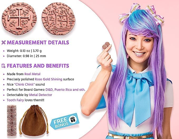 Large Metal Pirate Coins - 100 Rose Gold Treasure Coin Set, Metal Replica Spanish Doubloons for Pirate Party Decorations & Favors, Tokens, Toys, Cosplay - Pirate Treasure Chest - Size 0,98"