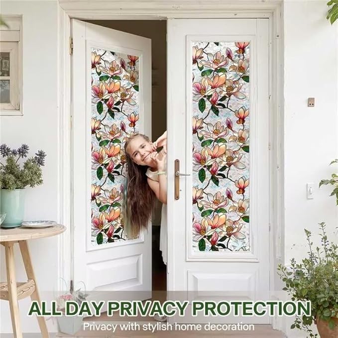 Floral Stained Glass Window Film, Static Cling Rainbow Privacy Film Sun Blocking, Removable Window Films for Bathroom Bedroom Living Room Sunroof, 17 x 78.74 Inch